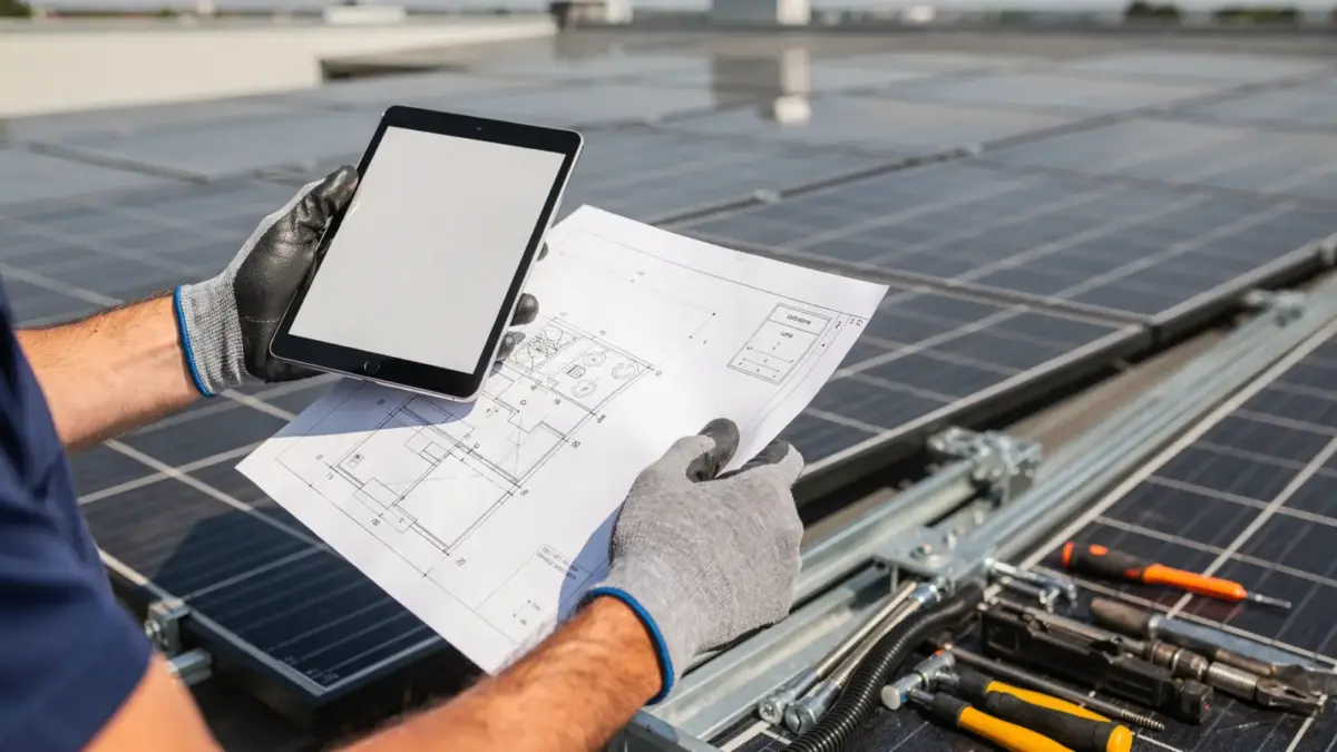 Solaranbieter-Leistungen: Planung und Montage einer Solaranlage mit Modulen, Werkzeugen und Unterlagen.
