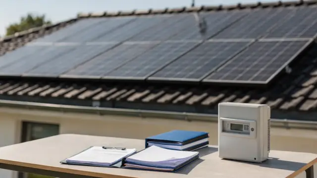 PV-Anlage auf Hausdach mit Zählerkasten und Unterlagen zur Anmeldung beim Netzbetreiber