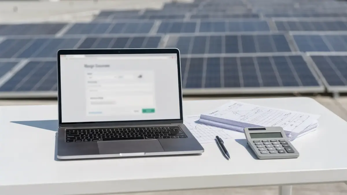 PV-Anlage mit Laptop und Unterlagen zum Marktstammdatenregister