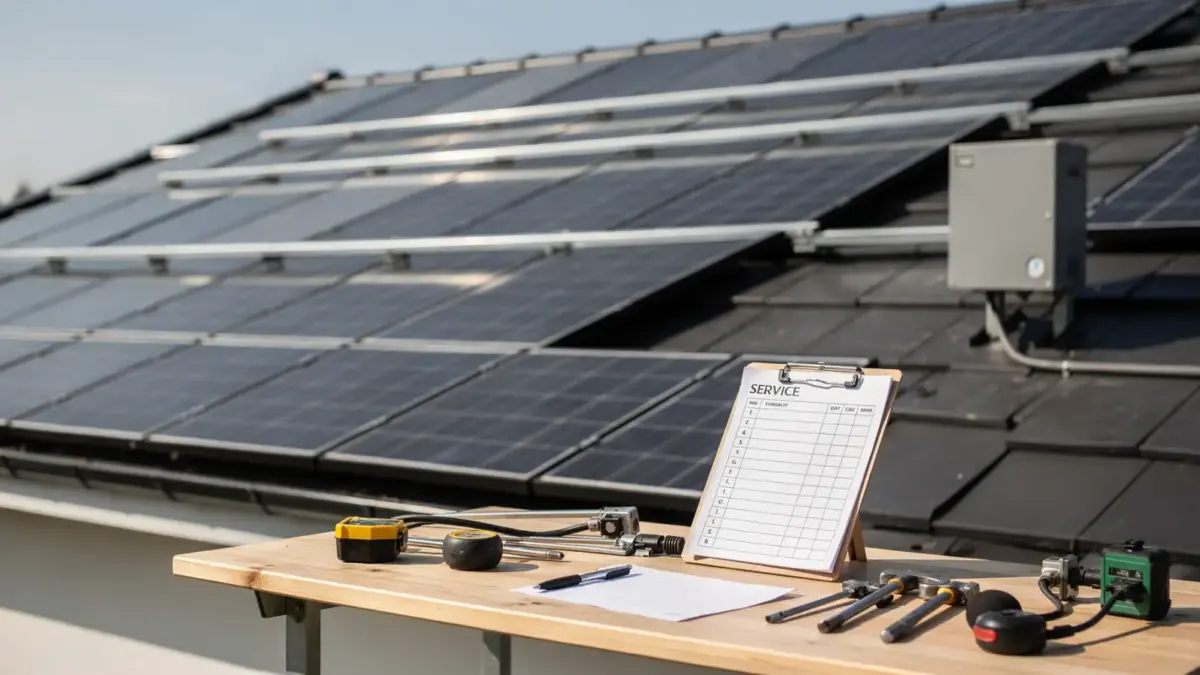 Dach mit Solarmodulen und Montagezubehör zu Solaranbieter-Garantien bei Modulen, Montage und Service