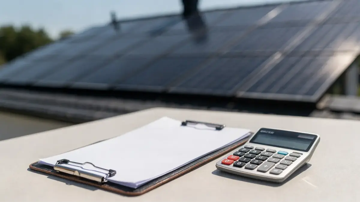Photovoltaik-Anlage auf einem Hausdach mit Angebotsunterlagen und Taschenrechner zum Photovoltaik-Preise vergleichen