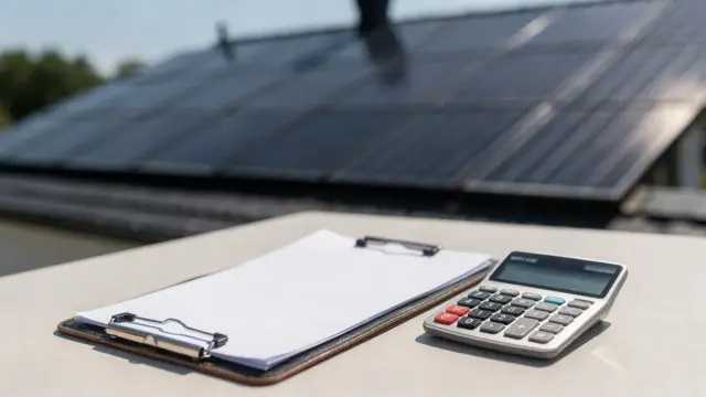 Photovoltaik-Anlage auf einem Hausdach mit Angebotsunterlagen und Taschenrechner zum Photovoltaik-Preise vergleichen