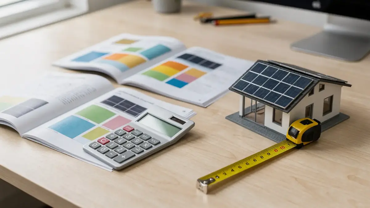 Solarunterlagen mit Taschenrechner und Modellpanel zum kWp-Preis erklärt