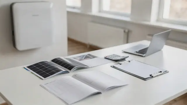 Home-Photovoltaik-Angebot mit Stromspeicher, Unterlagen und Rechner auf einem Schreibtisch