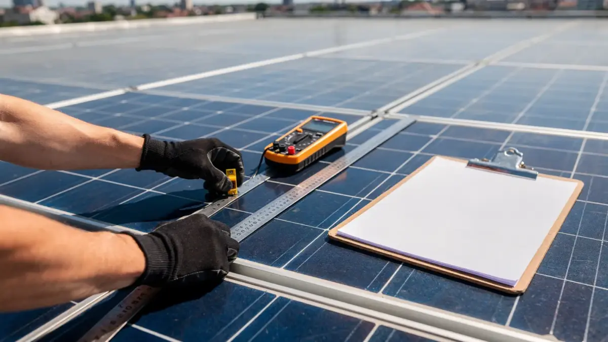 Techniker prüft PV-Angebot und Anlagengröße auf einem Dach mit Solarmodulen