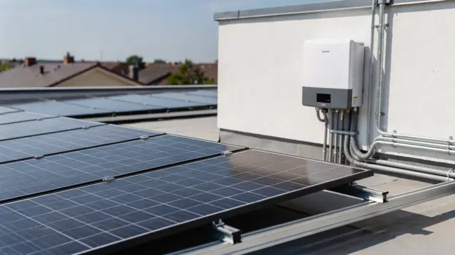 Photovoltaik-Anlage auf dem Hausdach mit Wechselrichter und sauber verlegten Kabeln zur PV-Förderung
