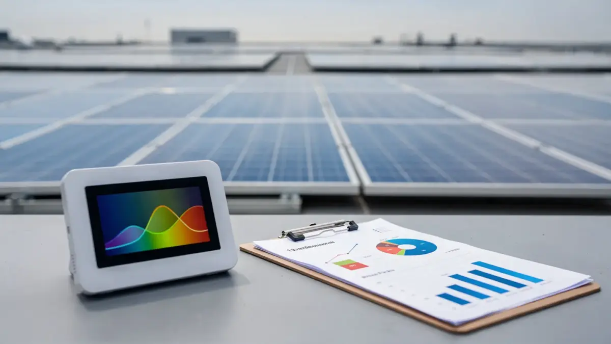 PV-Anlage auf dem Dach mit Monitoring-Display und Diagrammen zur EEG-Einspeisevergütung und Wirtschaftlichkeit