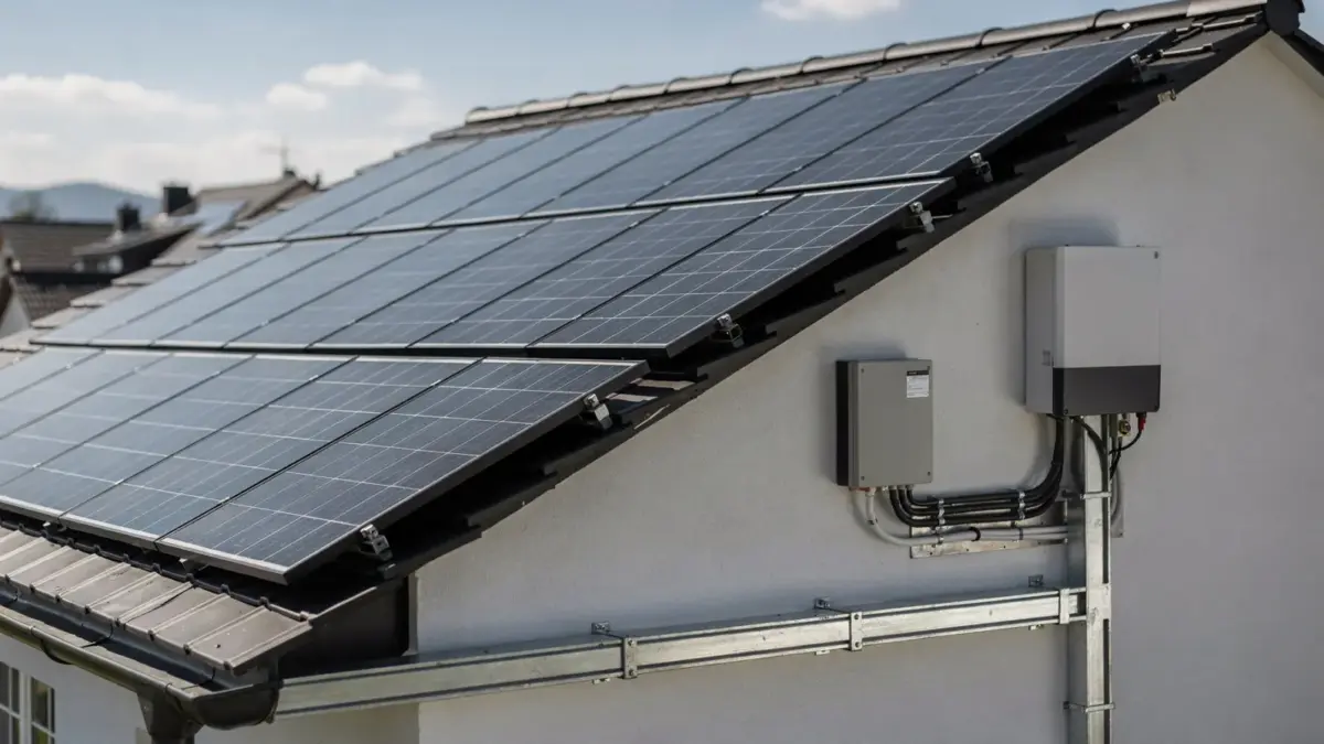 Photovoltaik-Anlage auf einem Hausdach mit Wechselrichter und Kabeln zum Thema Photovoltaik-Steuer