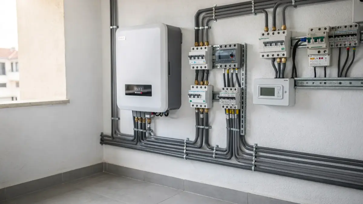 Solaranlage auf einem Hausdach mit Wechselrichter für das Thema Photovoltaik-Finanzierung