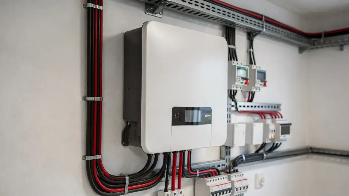 Wechselrichter an einer Photovoltaikanlage mit Solarkabeln und Elektrokomponenten