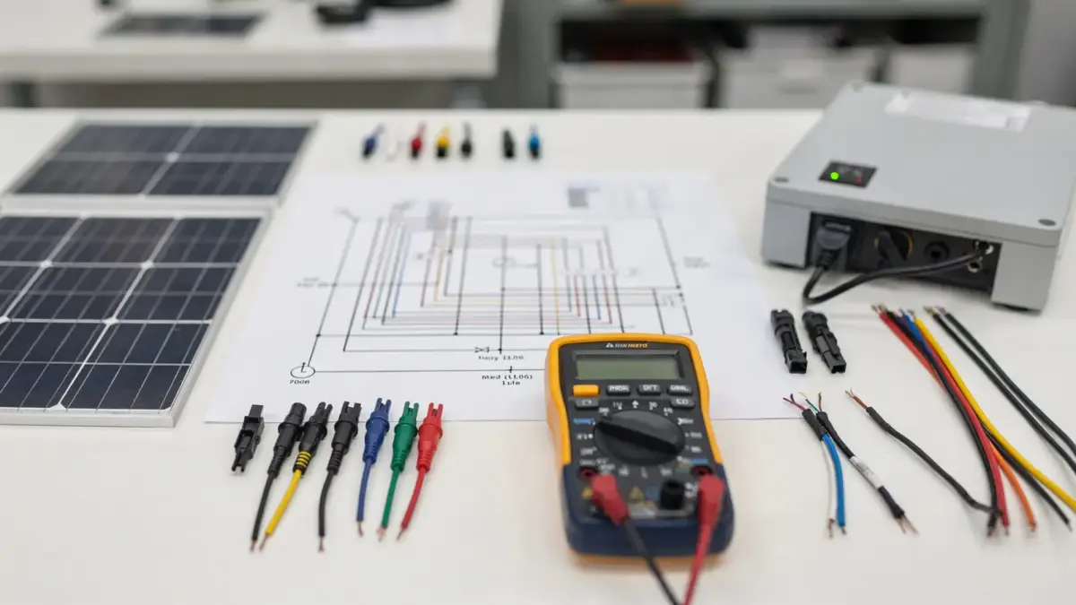 PV-Strings planen: Solarmodule, Wechselrichter und Verkabelung auf einem Arbeitstisch