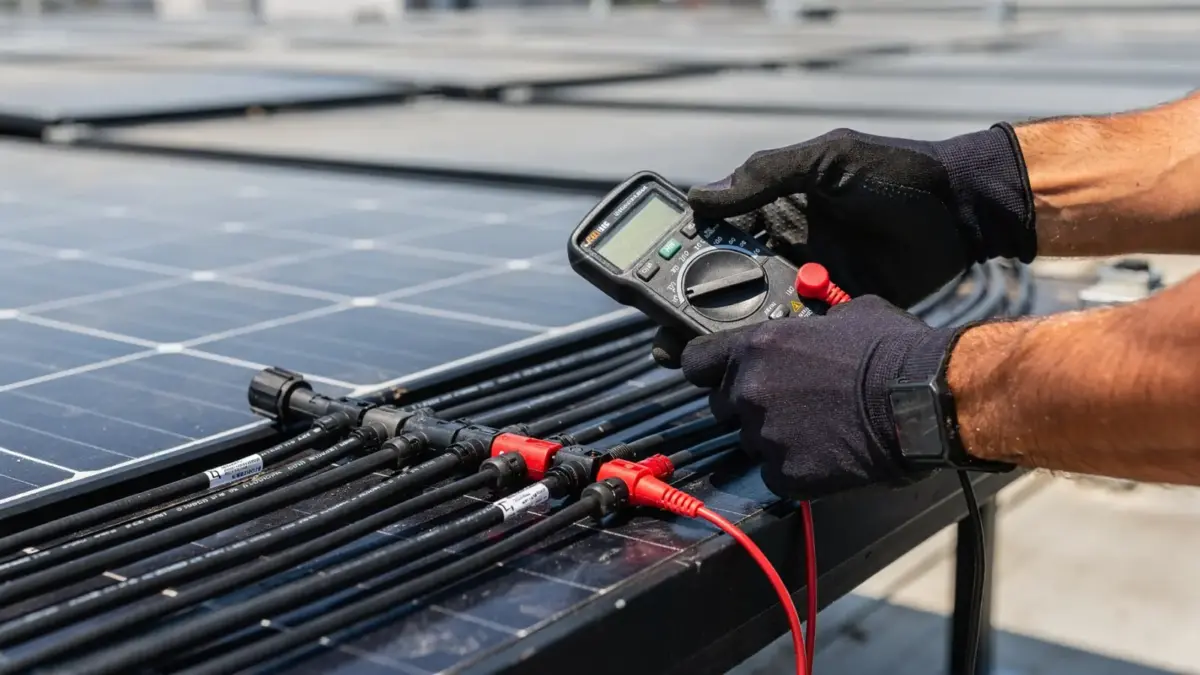 PV-String-Spannung messen mit Multimeter an Solarmodul-Kabeln