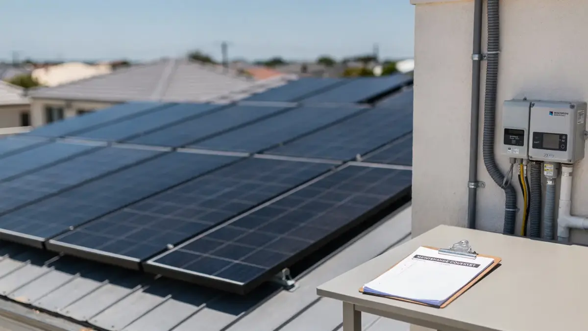 Photovoltaikanlage auf dem Dach mit Wechselrichter und Checkliste zu Betreiberpflichten bei Photovoltaik