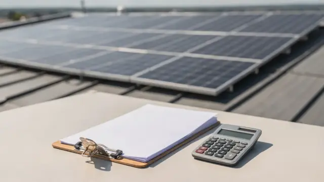 PV-Anlage auf einem Hausdach mit Unterlagen und Rechner für Melde- und Aufbewahrungspflichten