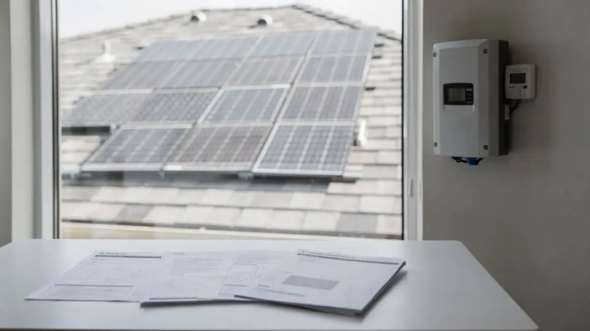 Photovoltaik-Anlage mit Wechselrichter, Zähler und Unterlagen zu steuerlichen Pflichten von PV-Betreibern