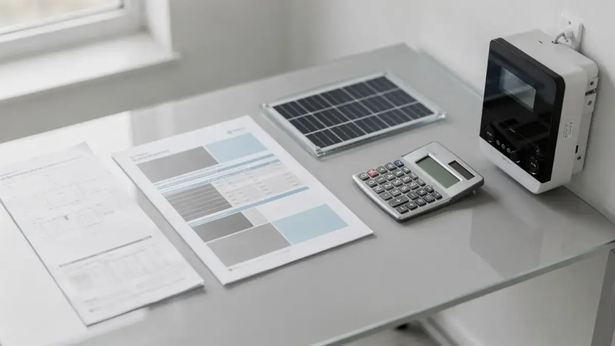 PV-Angebot für Module und Wechselrichter auf einem Schreibtisch mit Kalkulator und technischen Unterlagen