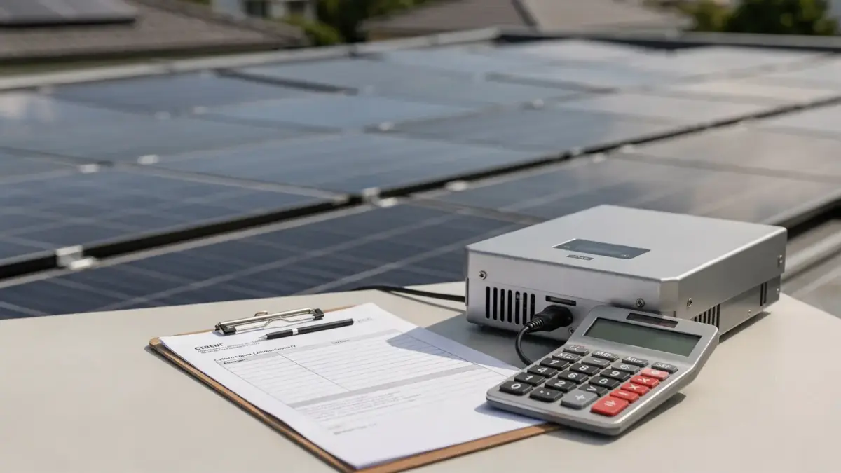 Solaranlage auf einem Hausdach mit Vertrag und Taschenrechner zum Thema PV-Kauf, Leasing oder Pacht