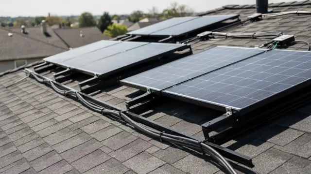 Solarteur und Dachdecker bei der Photovoltaik-Installation auf einem Hausdach