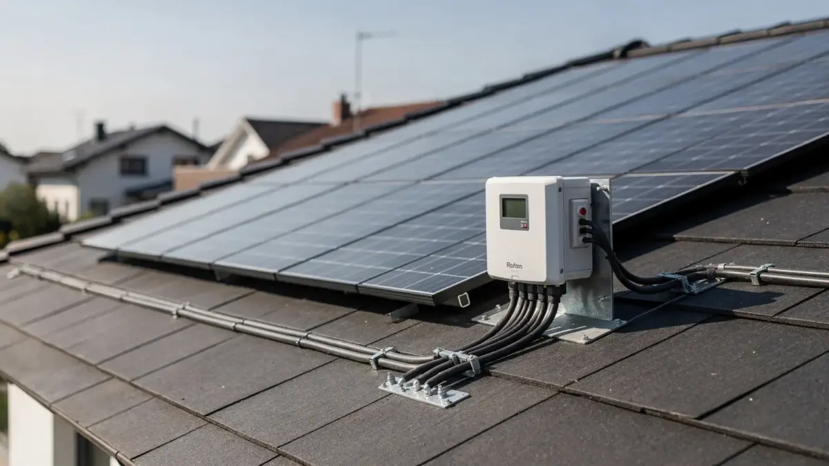 Rooftop-Solaranlage mit Tablet in der Hand eines Technikers zum Thema regionale Solaranbieter