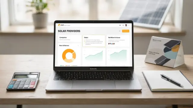 Laptop mit Solaranbieter-Vergleich, Taschenrechner und Notizbuch zum Thema Solaranbieter online vergleichen