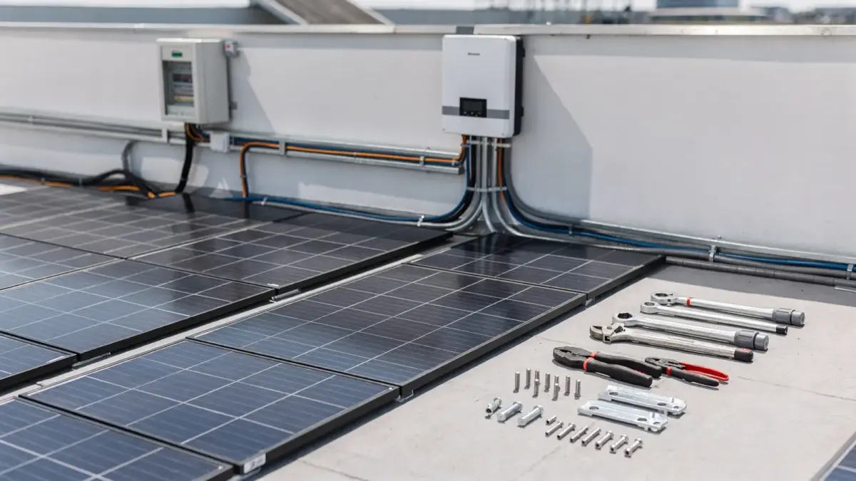 Photovoltaik-Komplettanbieter mit Solarmodulen, Wechselrichter und Montagezubehör in sauberer Umgebung