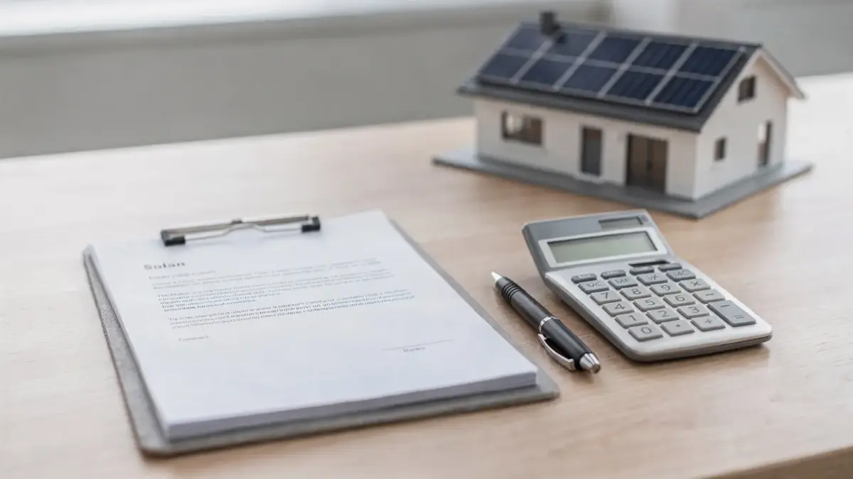 Vertragsunterlagen und Solarmodell zum Thema PV-Angebot mit zu prüfenden Klauseln