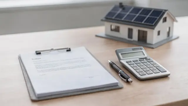 Vertragsunterlagen und Solarmodell zum Thema PV-Angebot mit zu prüfenden Klauseln