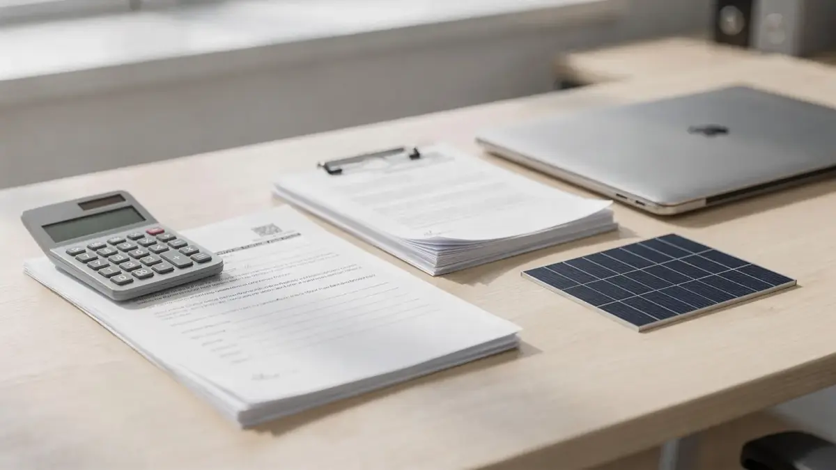 PV-Angebot mit Vertrag, Taschenrechner und Solarmodul auf dem Schreibtisch zu Zahlungsbedingungen