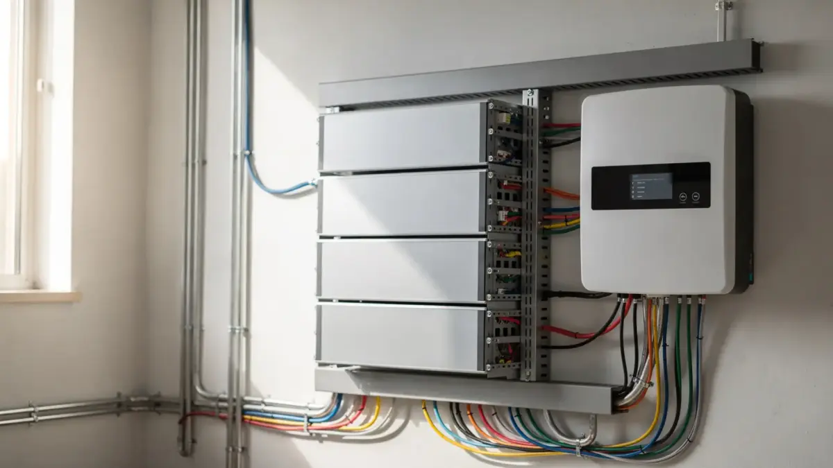 Stromspeicher in einem Hauswirtschaftsraum neben einem Wechselrichter für eine wirtschaftliche Analyse