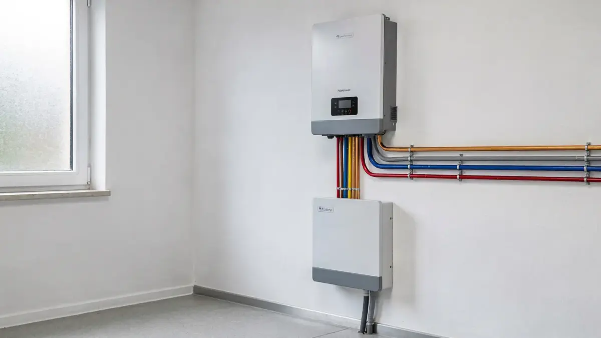 Hybrid-Wechselrichter an der Wand mit Solarmodulen und Batteriespeicher im Technikraum