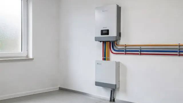 Hybrid-Wechselrichter an der Wand mit Solarmodulen und Batteriespeicher im Technikraum