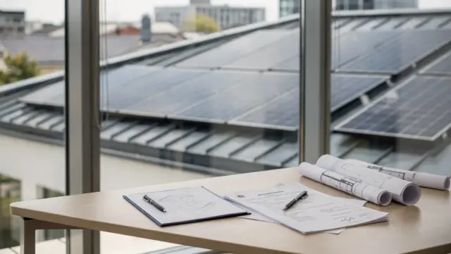 Photovoltaikanlage auf einem Hausdach mit Unterlagen zur PV-Baugenehmigung