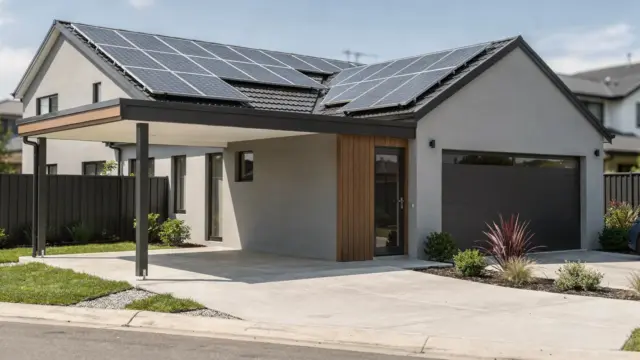 PV-Carport und Garage mit Photovoltaikanlage auf dem Dach in einem Wohngebiet