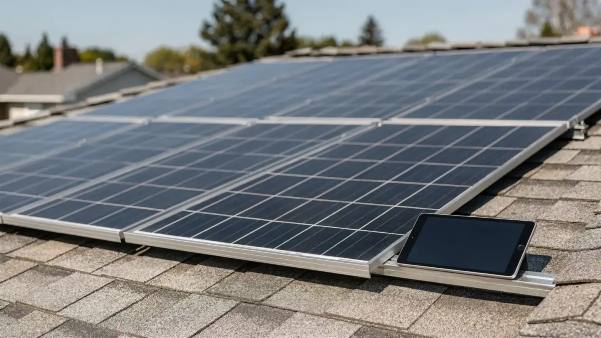 Solaranbieter in meiner Nähe finden und vergleichen: Solarmodule auf einem Hausdach mit Techniker