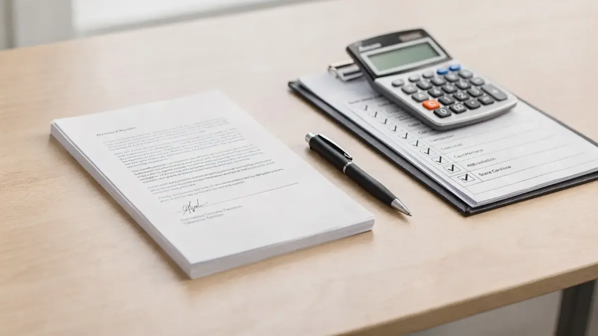 PV-Vertrag auf Schreibtisch mit Stift und Taschenrechner zur Prüfung von Klauseln, Fristen und Kosten