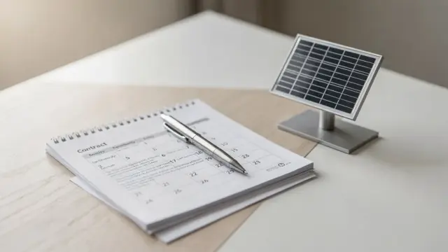 Kalender, Vertragsunterlagen und Solar-Modell zum Thema PV-Vertrag Fristen