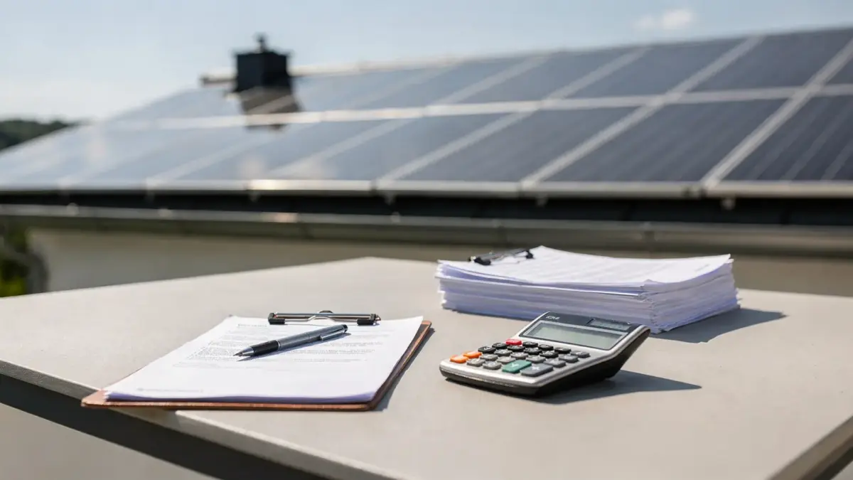 Unterlagen, Taschenrechner und Solarmodule zum Thema PV-Angebot und Förderung prüfen