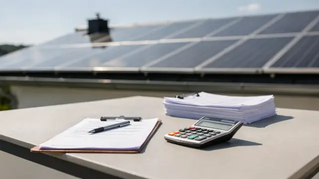 Unterlagen, Taschenrechner und Solarmodule zum Thema PV-Angebot und Förderung prüfen