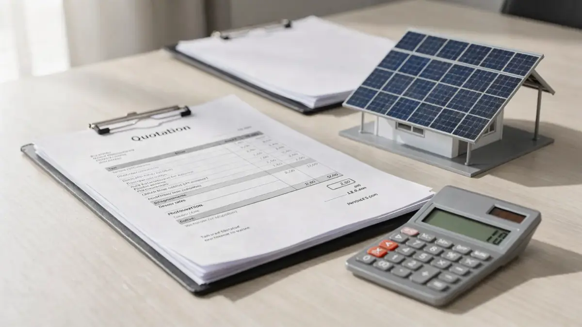 PV-Angebot mit Mehrwertsteuer prüfen: Dokument, Taschenrechner und Solarmodell auf dem Schreibtisch