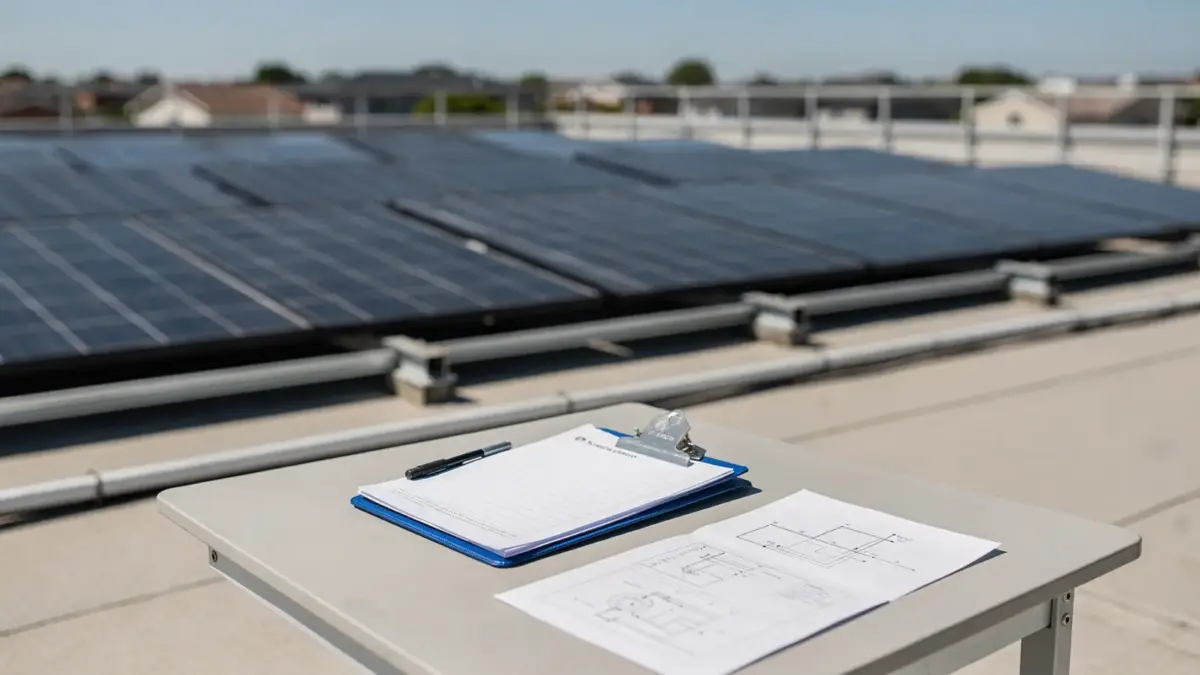 PV-Anlage mit Unterlagen und Wechselrichter zur Prüfung eines PV-Angebots mit Einspeisevergütung