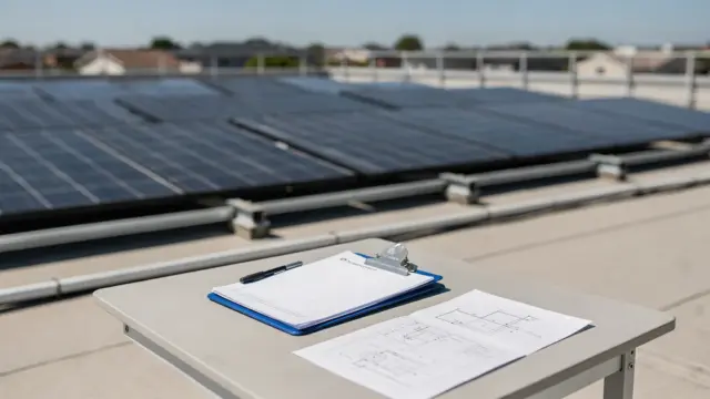 PV-Anlage mit Unterlagen und Wechselrichter zur Prüfung eines PV-Angebots mit Einspeisevergütung