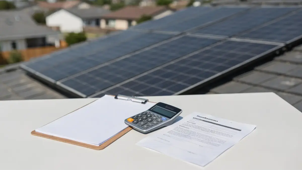 Photovoltaik-Angebote vergleichen: Solarmodule, Vertrag und Taschenrechner auf einem Tisch