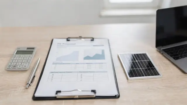 PV-Angebot prüfen: Unterlagen, Taschenrechner und Solarmodul auf einem Tisch
