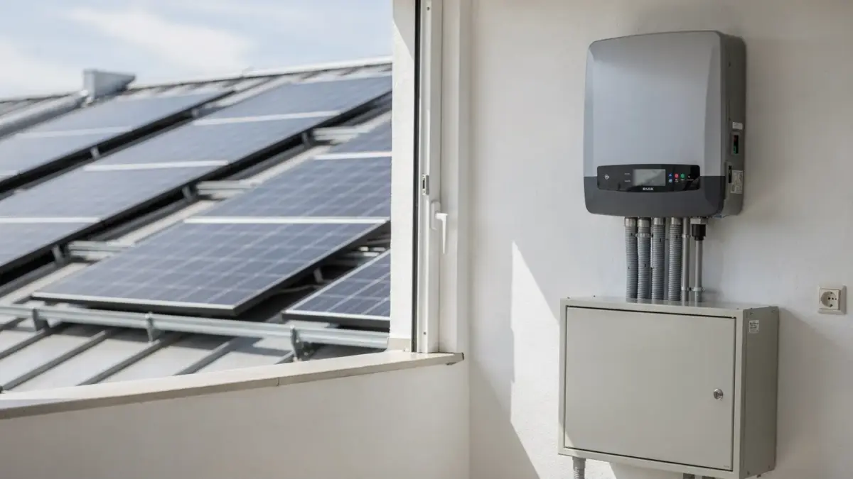 Photovoltaikanlage auf Hausdach mit Wechselrichter und Stromzähler zum Thema PV umsatzsteuer befreit