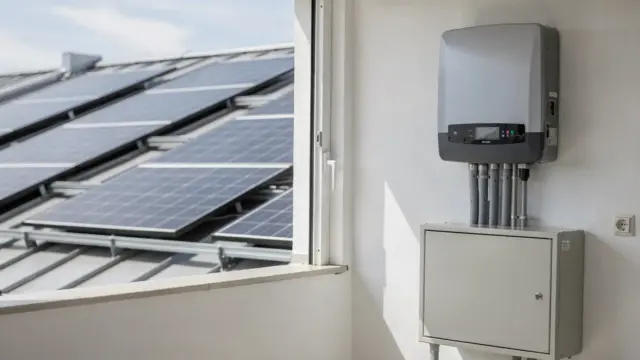 Photovoltaikanlage auf Hausdach mit Wechselrichter und Stromzähler zum Thema PV umsatzsteuer befreit