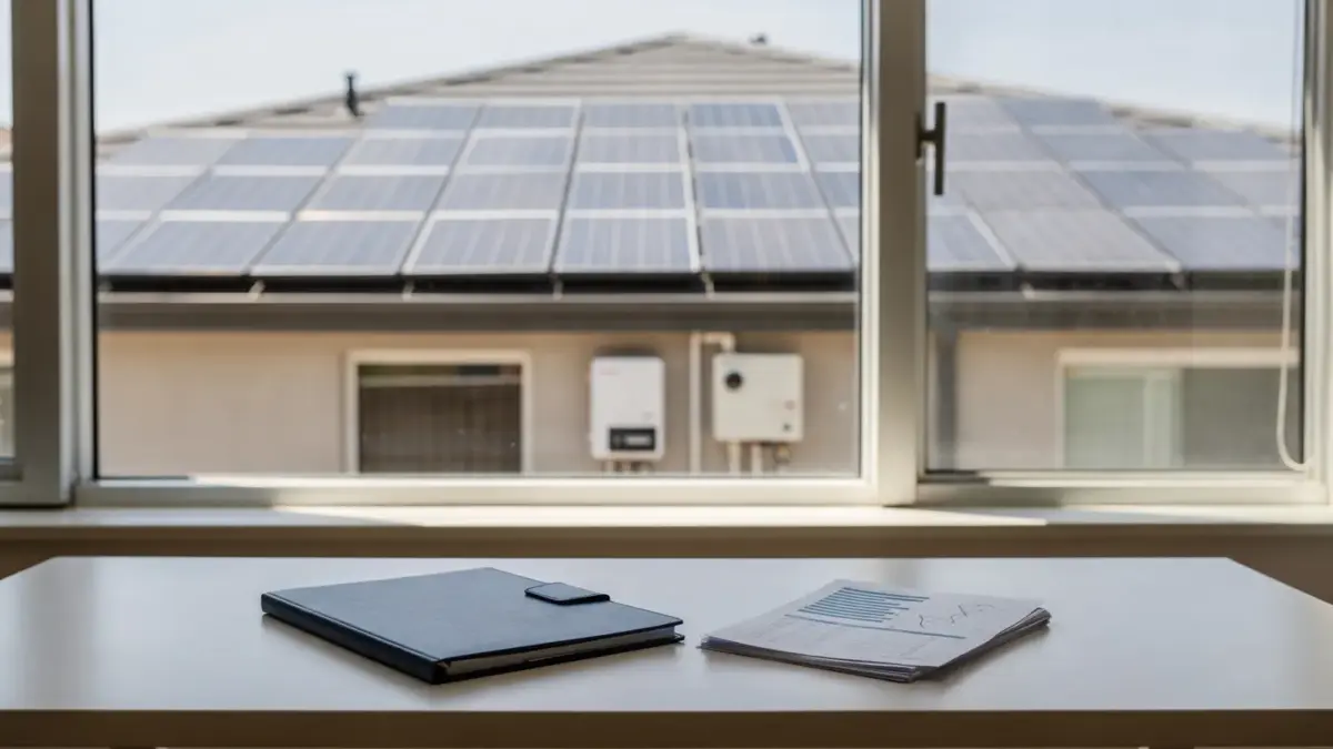 Solaranlage auf dem Dach mit Stromzähler und Steuerunterlagen zur PV-Einkommensteuer
