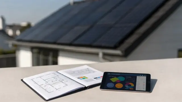 Haus mit Solarmodulen und Unterlagen zur Auswahl eines Solaranbieters