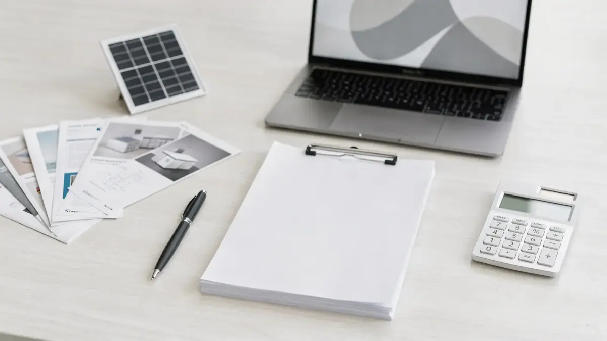 PV-Vertrag prüfen: Vertragsunterlagen, Stift und Solar-Modell auf einem Schreibtisch