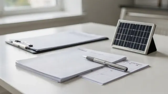 PV-Vertrag Fristen: Kalender, Vertragsunterlagen und Solarmodell zur Planung von Angebot, Beauftragung und Umsetzung
