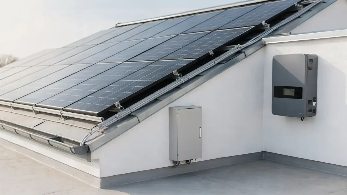 Photovoltaikanlage auf Hausdach mit Wechselrichter und Stromzähler zum Thema PV umsatzsteuer befreit